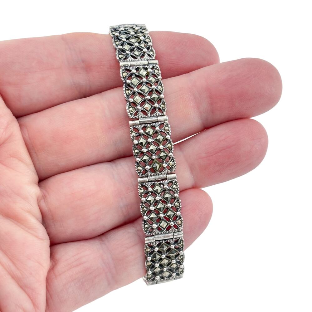 Vintage Sterling Silver 925 Marcasite Panel Bracelet 7.5"